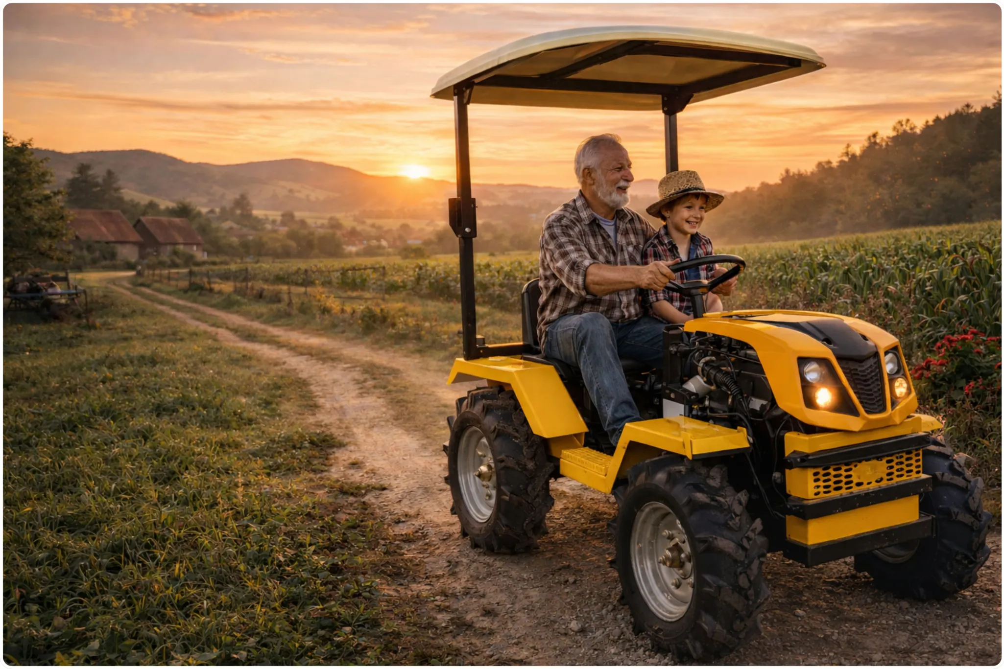 Rumen mini traktor z voznikom na poljski poti